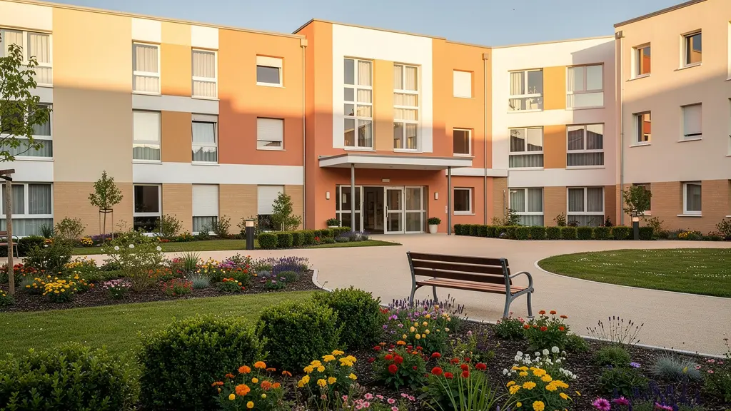Façade accueillante d'une résidence senior moderne avec jardin et végétation