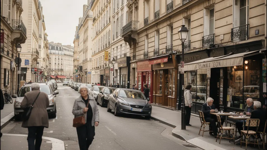 Rue typique d'un quartier parisien avec immeubles haussmanniens et commerces de proximité