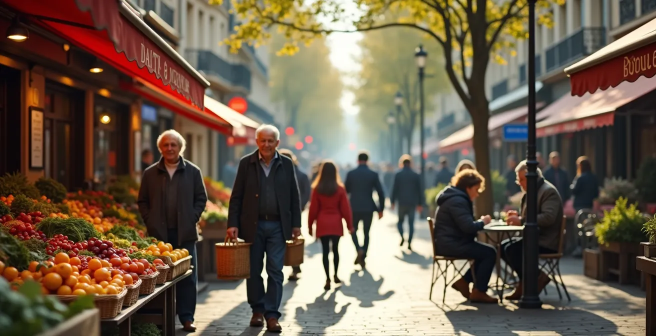 Scène de rue typique d'un quartier village parisien avec marché et terrasses