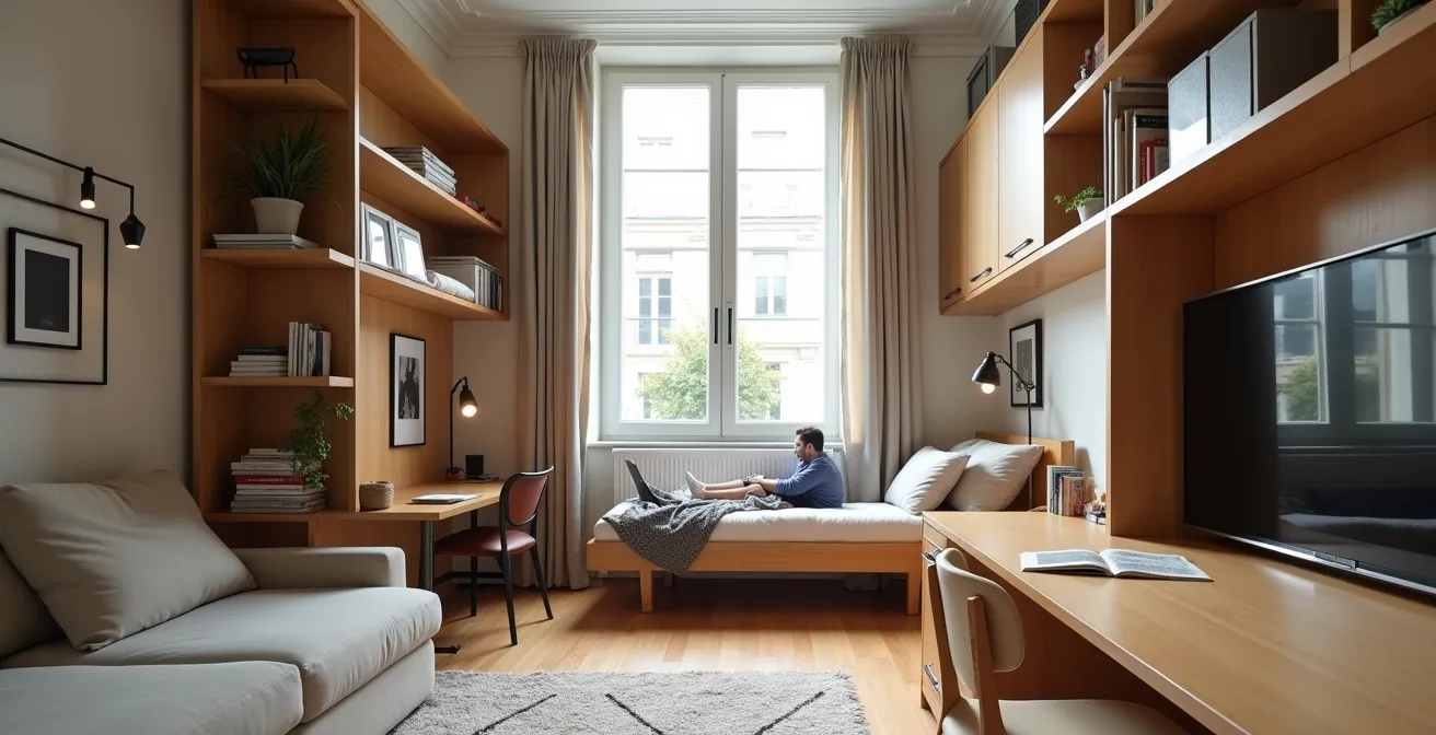 Intérieur d'un petit studio parisien de 15m² avec mobilier sur mesure et verrière créant une séparation jour-nuit