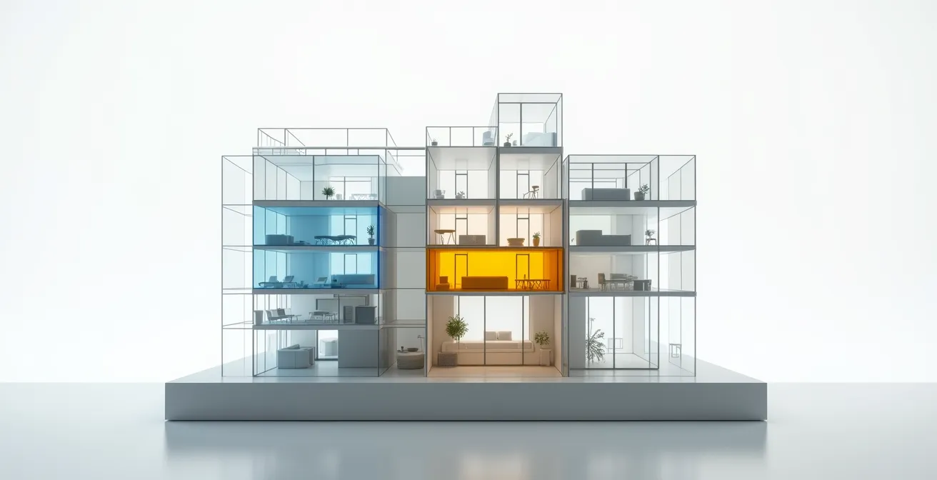 Coupe architecturale d'un immeuble haussmannien montrant les différents composants amortissables