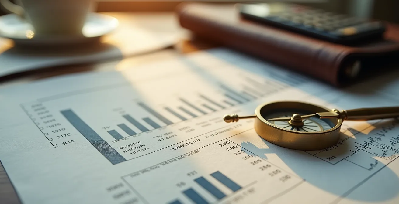 Bureau avec documents d'analyse immobilière et calculatrice, ambiance professionnelle