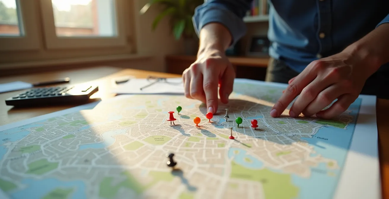 Vue plongeante sur un bureau avec cartes de Paris et analyses de données immobilières