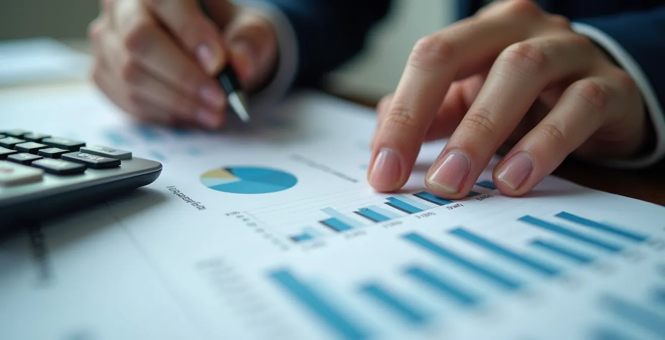 Gros plan sur des mains analysant des graphiques de risque avec calculatrice