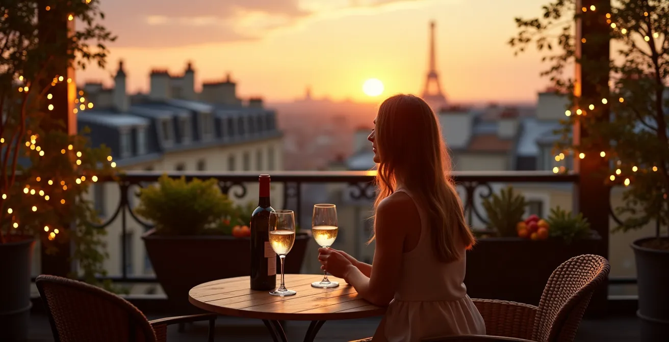 Terrasse parisienne aménagée avec vue sur les toits de Paris au coucher du soleil
