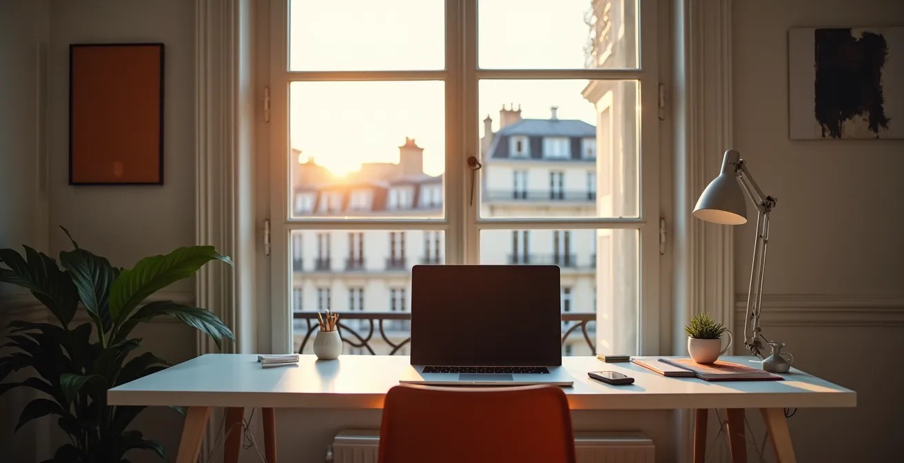 Espace de travail moderne à Paris avec vue sur les toits haussmanniens