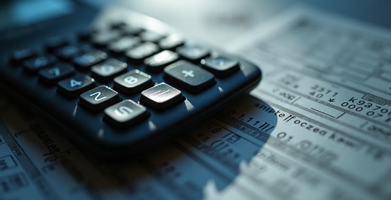 Calculatrice et documents financiers montrant des chiffres de rentabilité immobilière