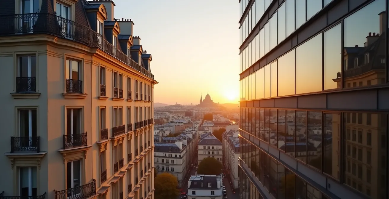Vue aérienne comparative entre un immeuble haussmannien rénové et un immeuble neuf en périphérie parisienne