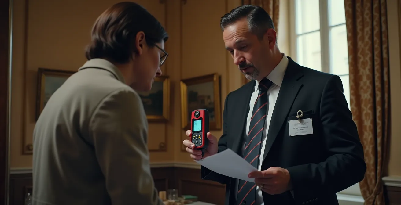 Commissaire de justice établissant un constat dans un appartement parisien avec équipement professionnel