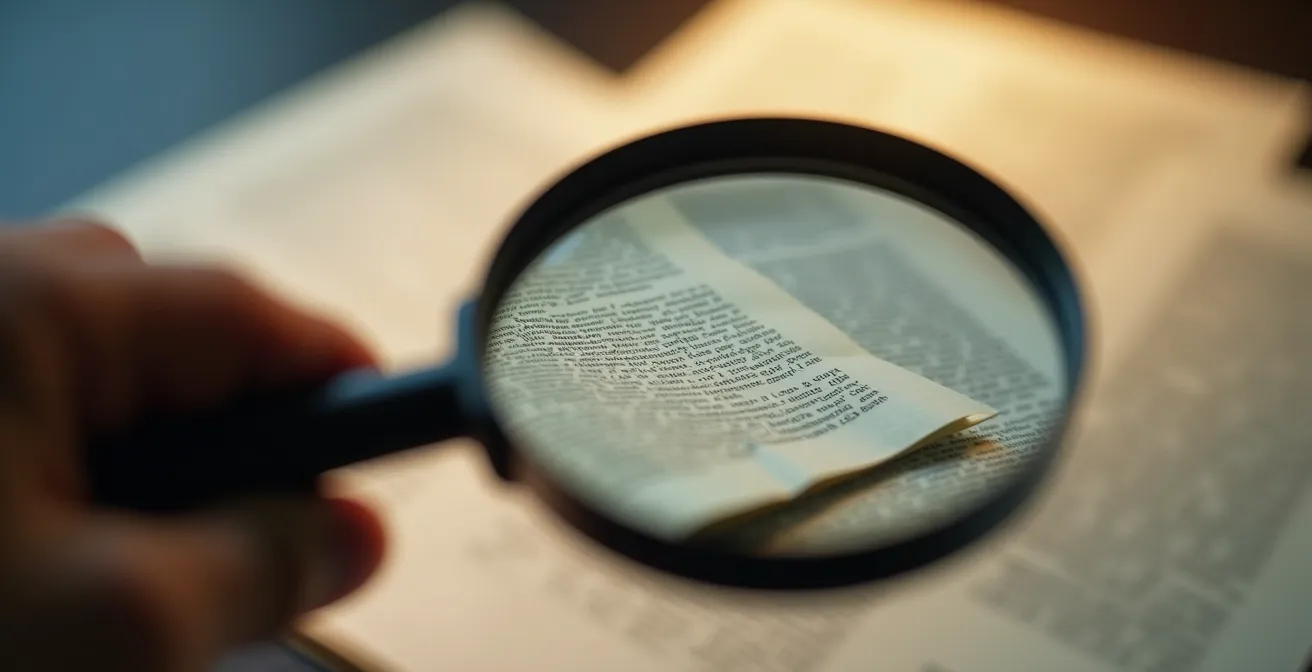 Main tenant une loupe examinant des documents flous avec jeu d'ombres et lumières dramatiques