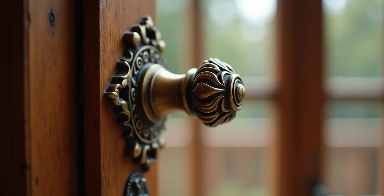 Détail rapproché d'une crémone ancienne en laiton sur une fenêtre en bois restaurée