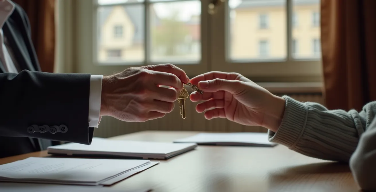 Clés d'appartement parisien sur contrat notarié avec vue floue sur immeuble haussmannien