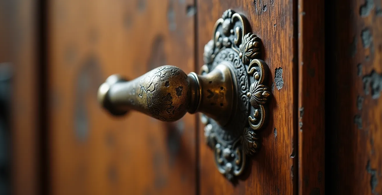 Gros plan sur une poignée de porte ancienne en laiton avec patine sur porte en bois massif