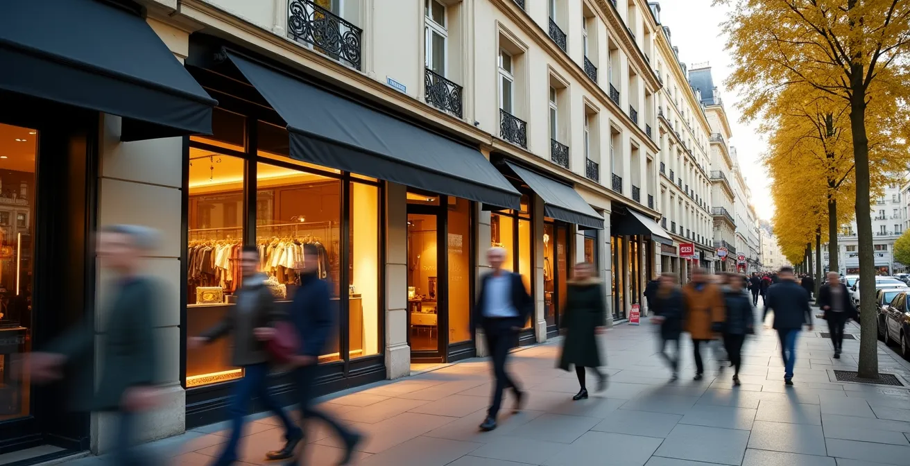 Façade de commerce parisien avec architecture haussmannienne et passants flous en mouvement