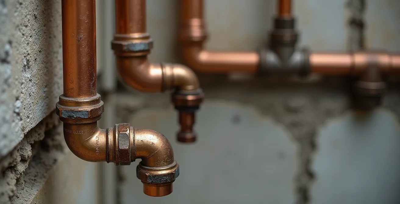 Vue technique d'une salle de bain parisienne en cours d'installation avec canalisations et estrade visible