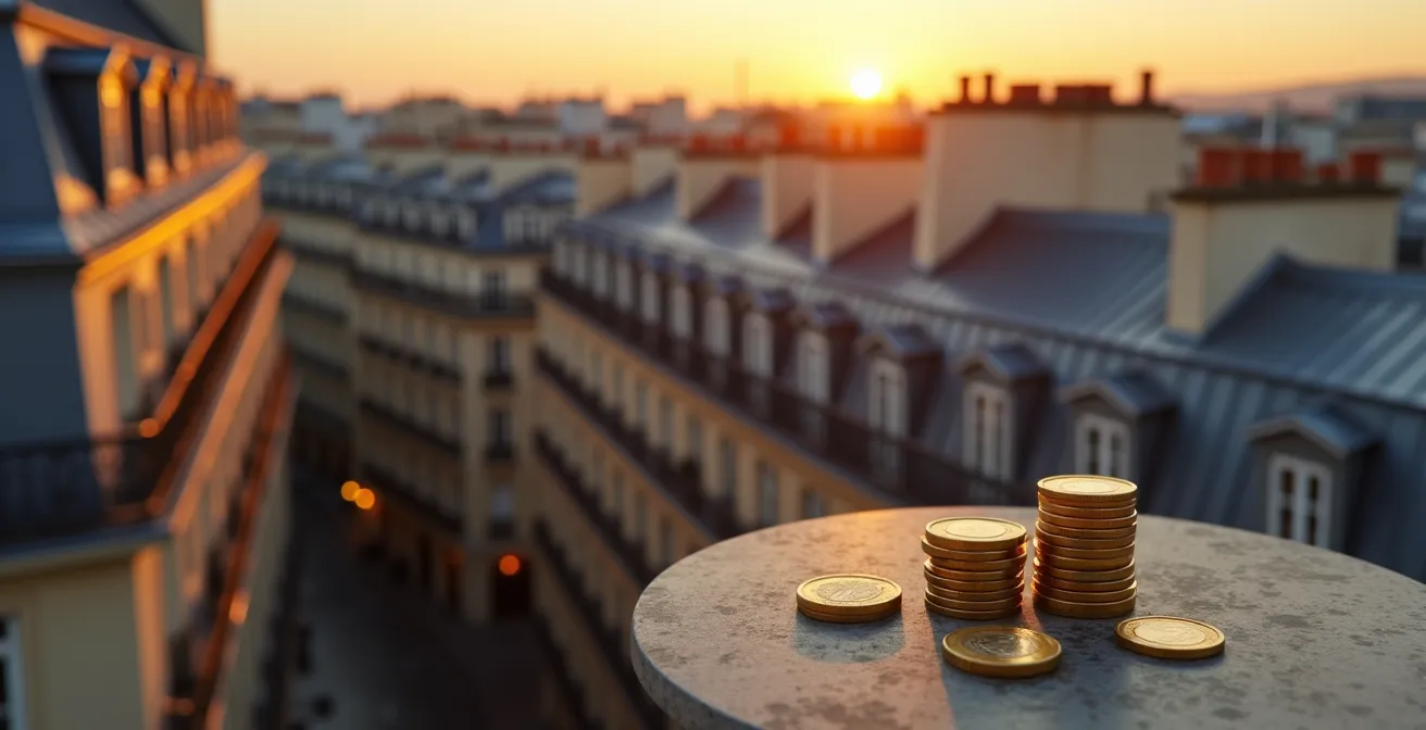 Vue aérienne des toits de Paris avec mise en perspective de l'augmentation fiscale