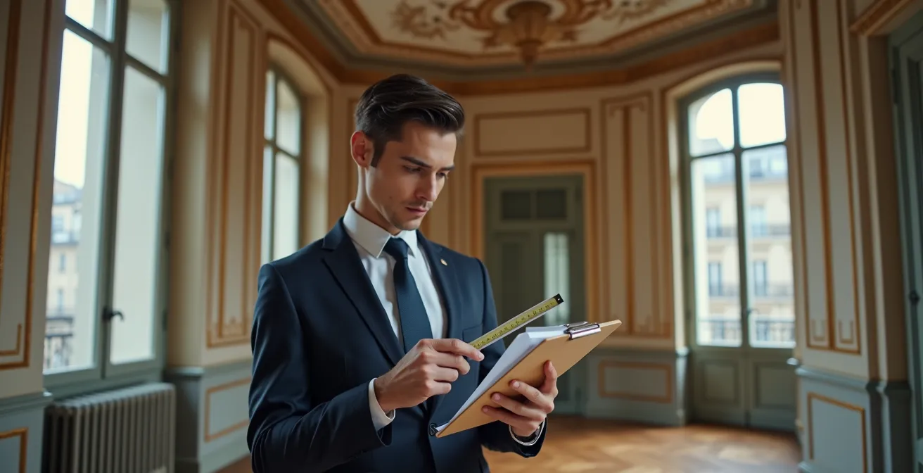 Expert immobilier évaluant un appartement parisien avec des outils de mesure