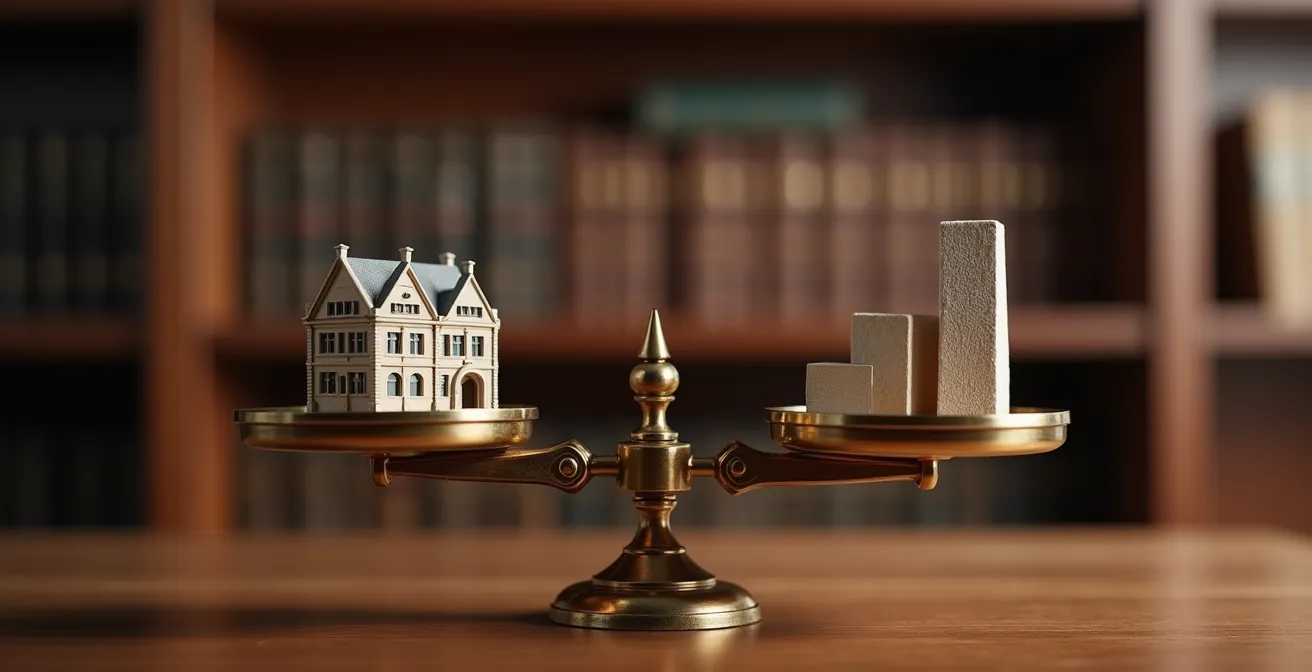 Expert judiciaire analysant des documents immobiliers dans un bureau parisien