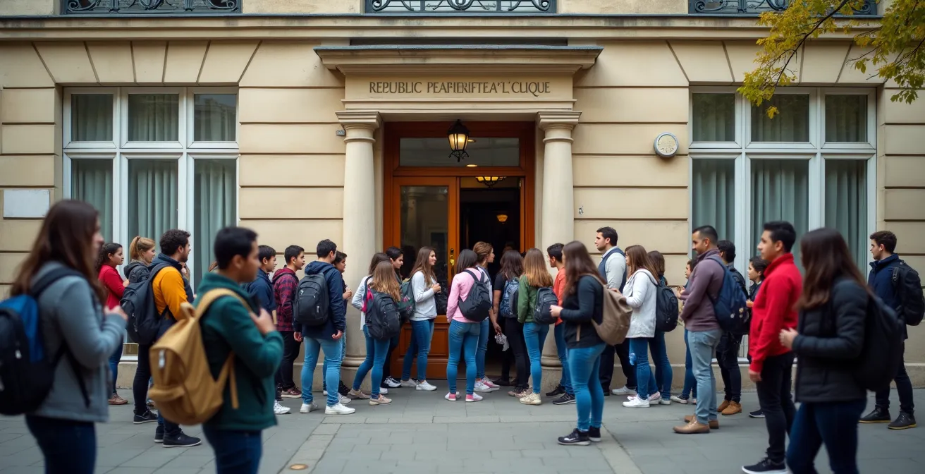 Parents et enfants à la sortie d'une école primaire dans un quartier familial de Paris