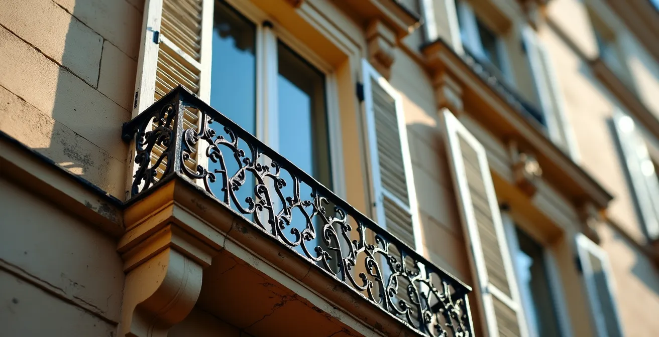 Détail d'une fenêtre d'immeuble haussmannien parisien avec moulures et garde-corps en fer forgé