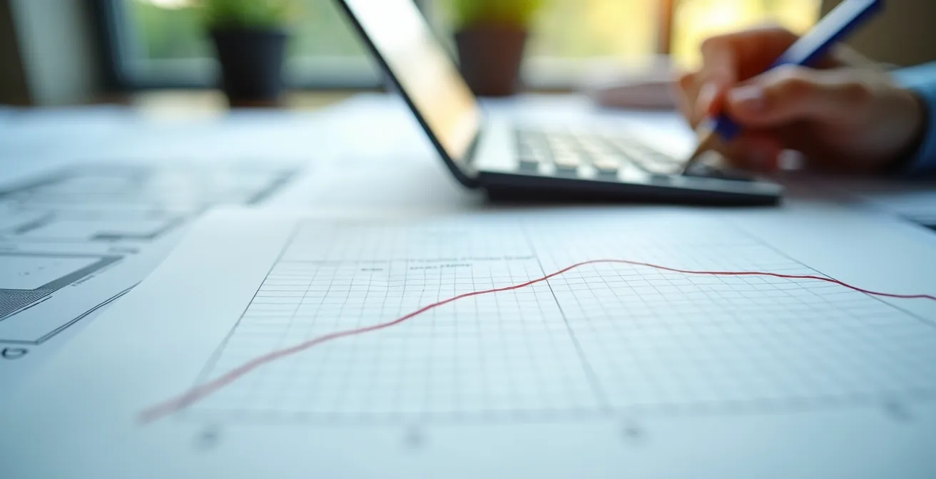 Courbe descendante des prix immobiliers sur tableau avec calculs financiers