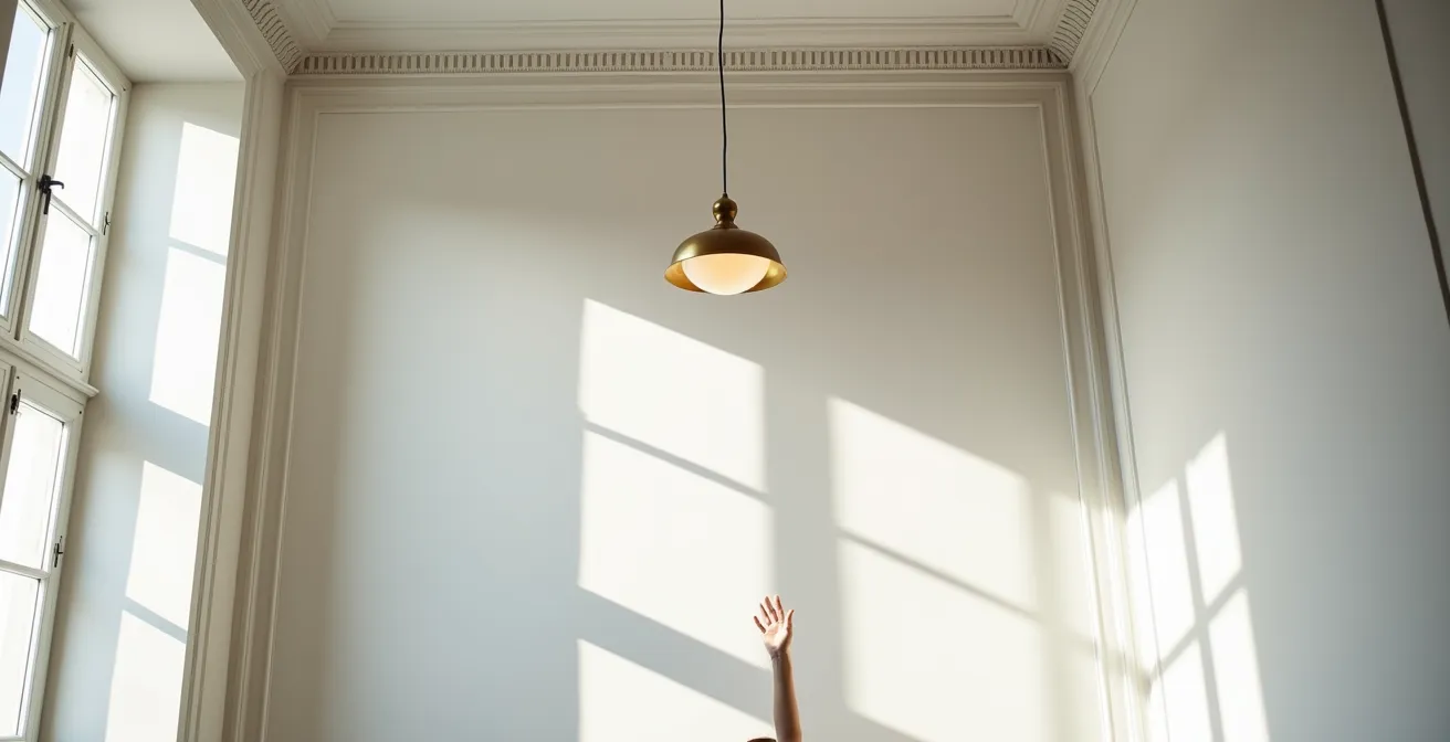 Vue en contre-plongée montrant la hauteur impressionnante d'un plafond haussmannien avec moulures