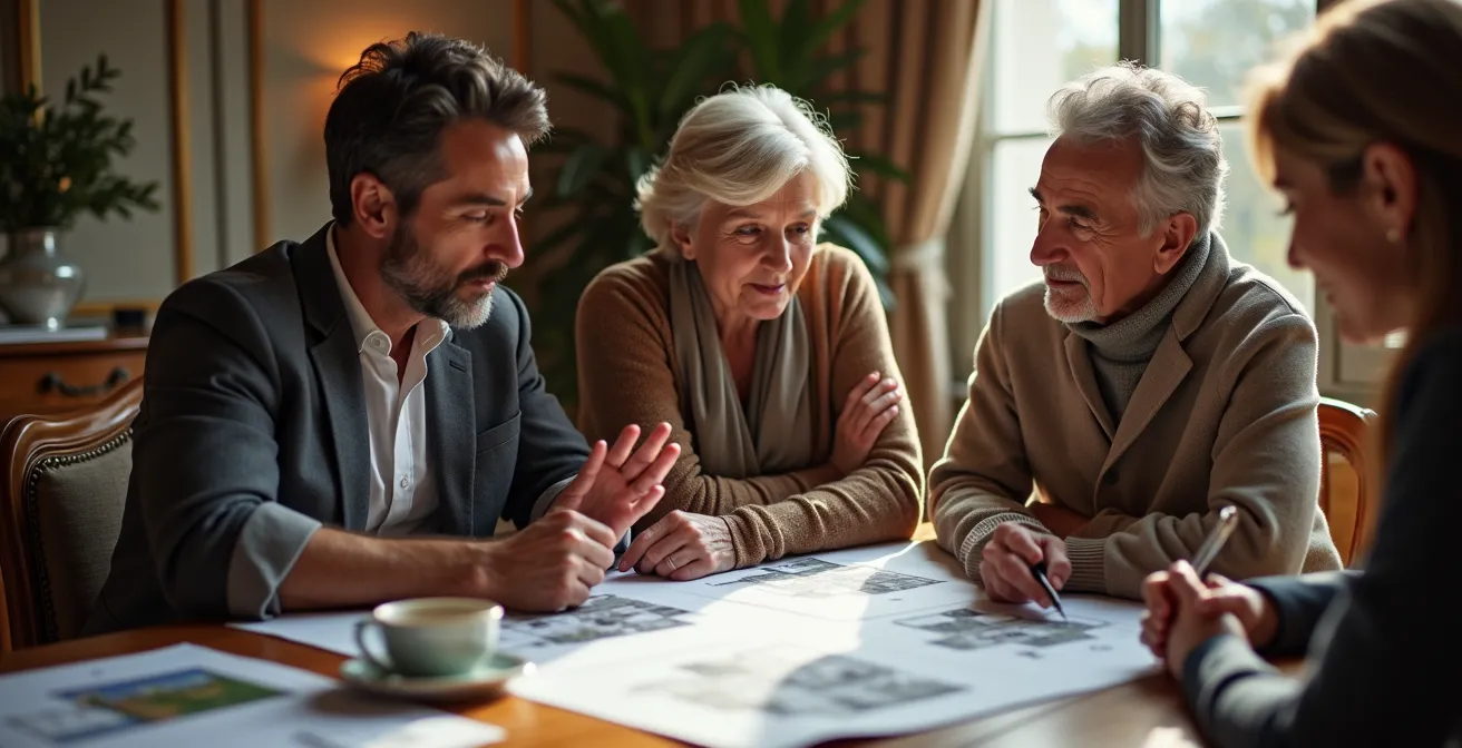 Famille réunie autour de documents patrimoniaux dans un intérieur parisien