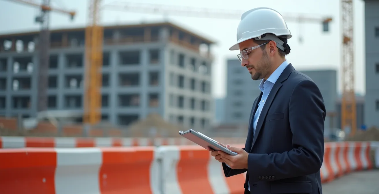 Huissier de justice en costume photographiant l'état d'avancement d'un chantier immobilier à Paris
