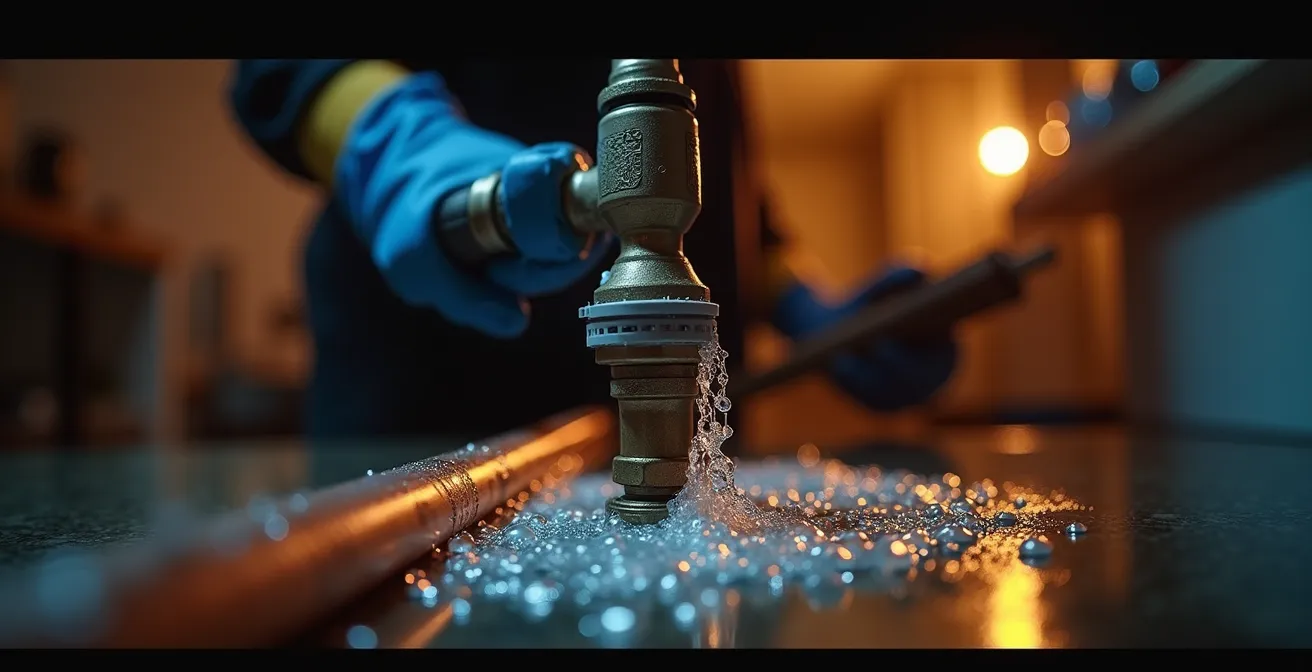 Vue macro d'une intervention de plomberie d'urgence nocturne dans un appartement parisien