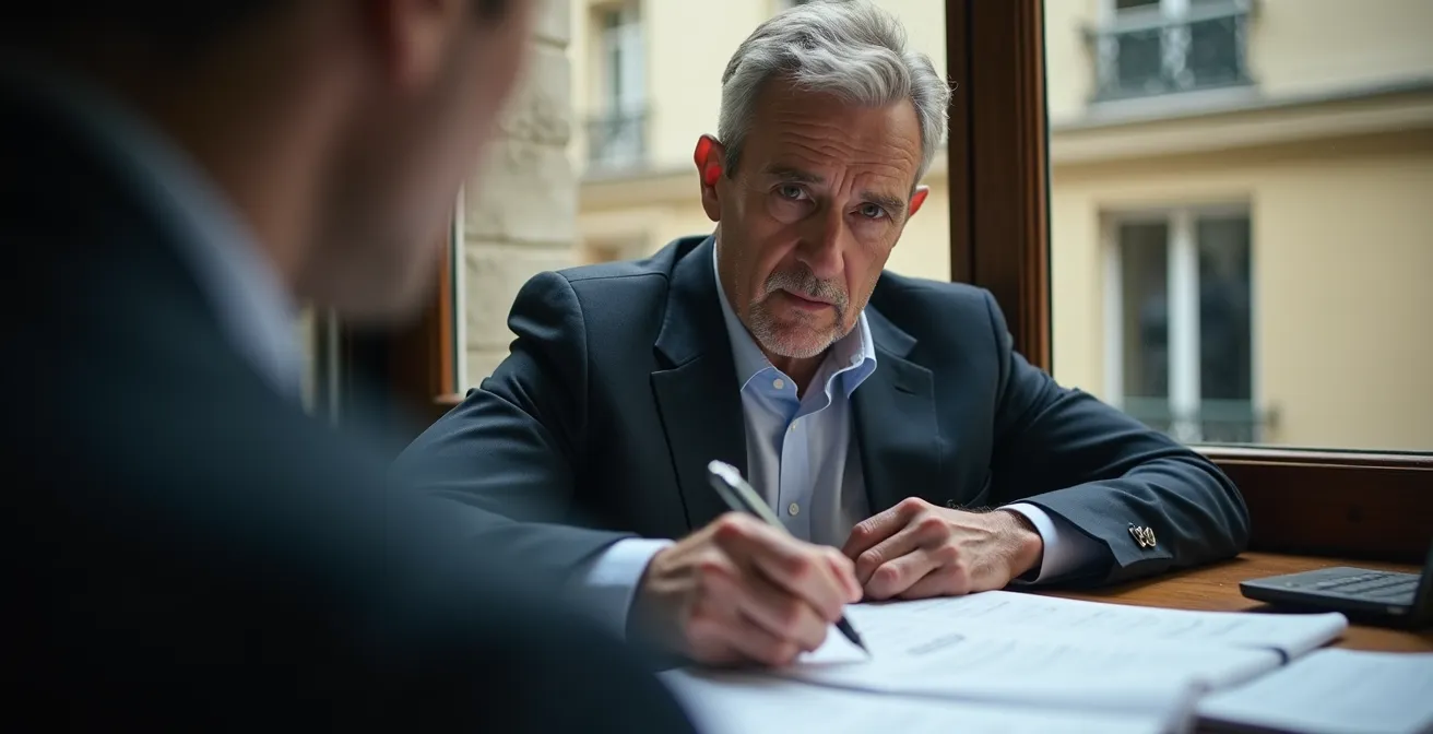 Bureau d'investisseur parisien avec documents fiscaux et calculatrice sur table en bois