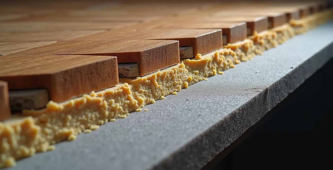 Coupe technique d'un plancher haussmannien montrant les lambourdes et la sous-couche acoustique installée