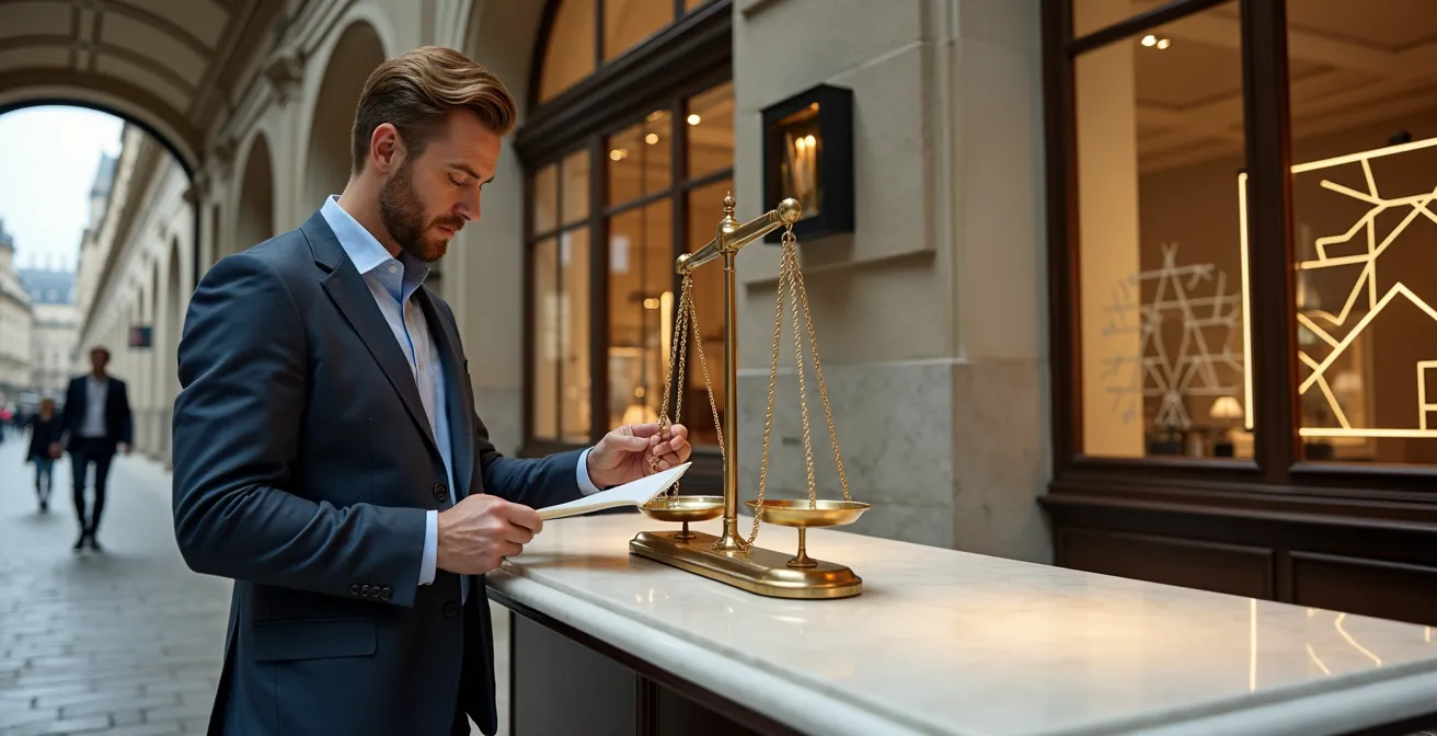 Vue intérieure d'un local commercial parisien avec vitrine et architecture caractéristique