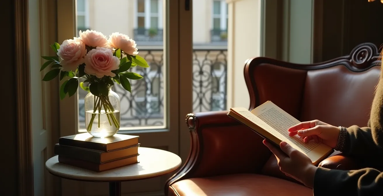 Coin lecture parisien avec fauteuil vintage, pile de livres et bouquet de pivoines près d'une fenêtre