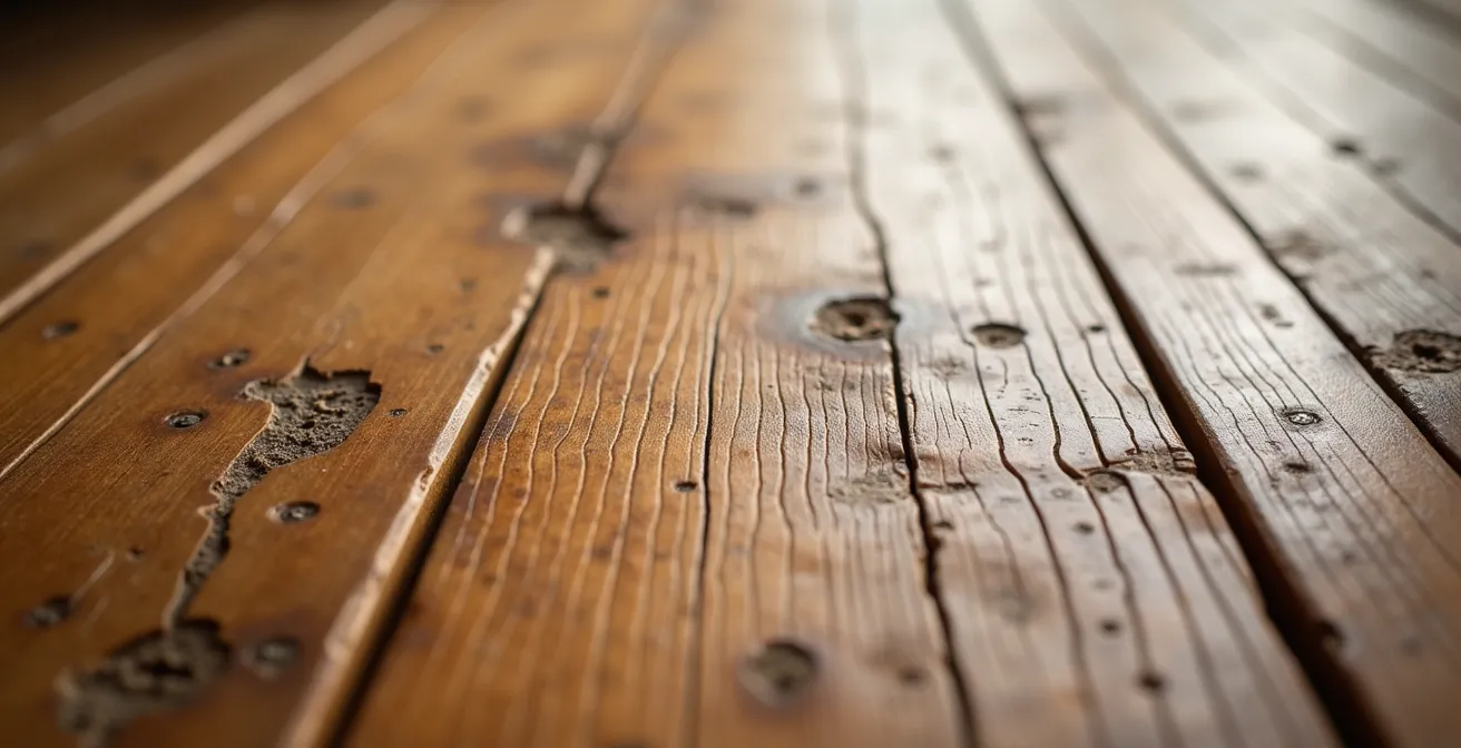 Gros plan sur les lames de parquet ancien avec patine naturelle