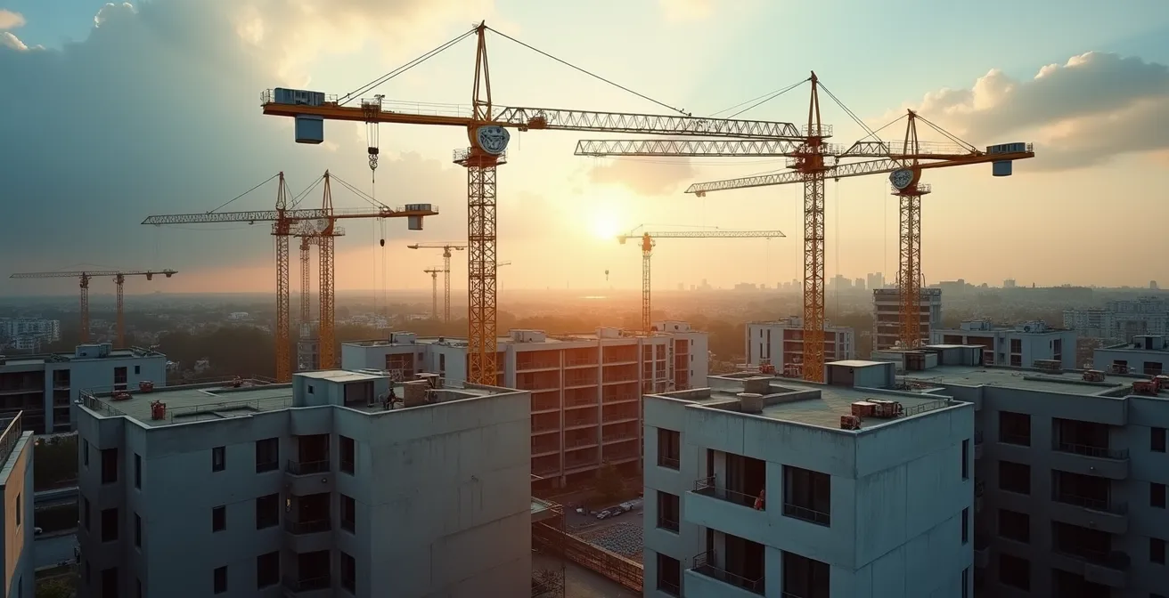 Chantier de construction d'immeubles neufs en périphérie parisienne avec grues et ouvriers