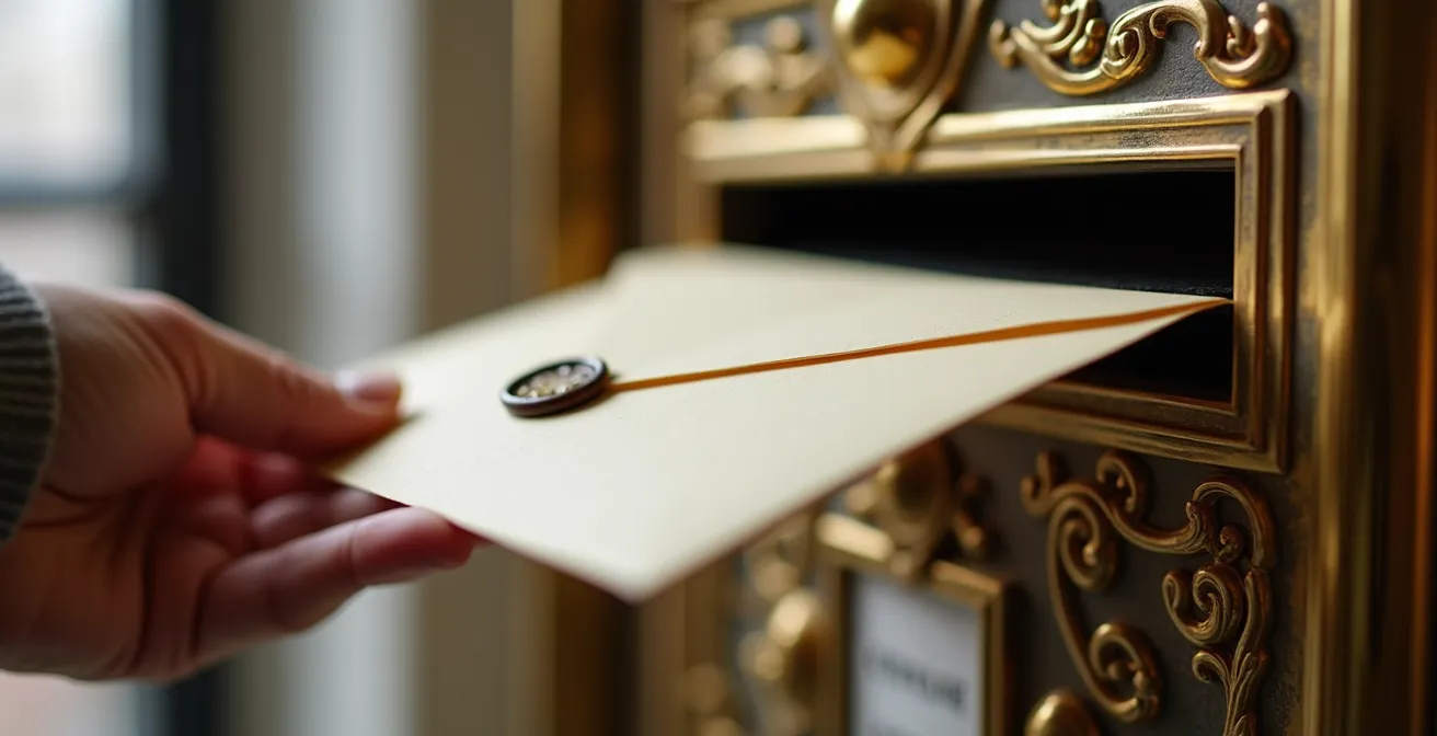 Gros plan sur une main déposant une enveloppe élégante dans une boîte aux lettres parisienne en laiton