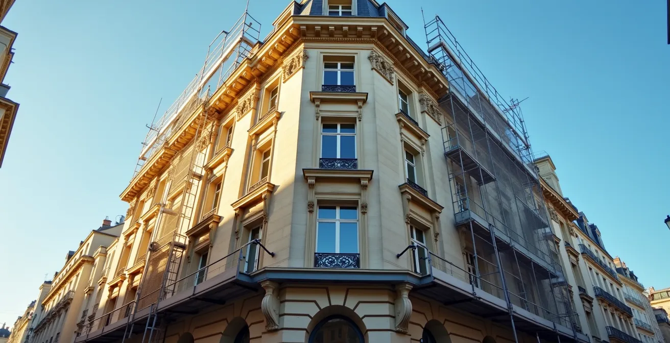 Vue environnementale d'un immeuble haussmannien parisien en cours de rénovation énergétique respectueuse