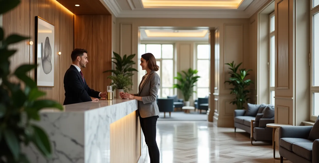 Hall d'accueil moderne d'une résidence de services parisienne avec réception et espaces communs