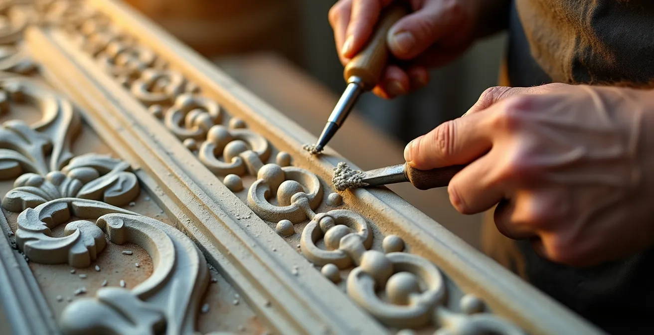 Détail macro d'une moulure en staff en cours de restauration par un artisan
