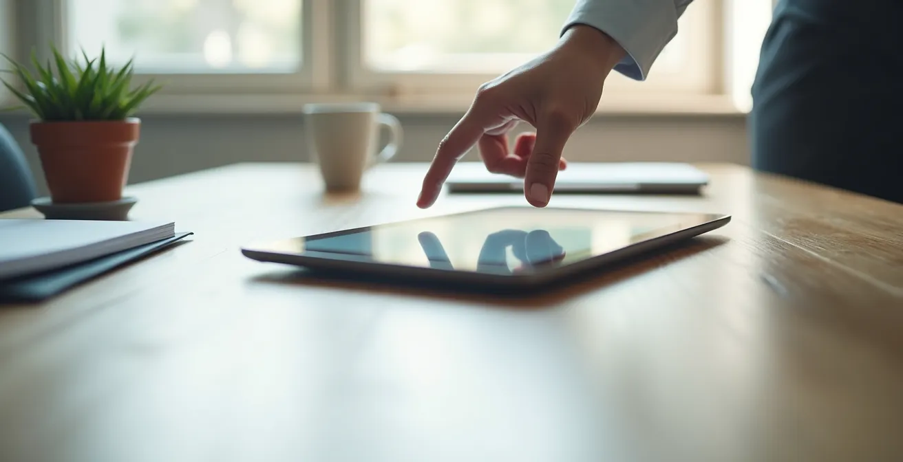 Une tablette posée sur un bureau moderne, avec un doigt s'approchant de l'écran pour une signature électronique, symbolisant la validité juridique du bail numérique.
