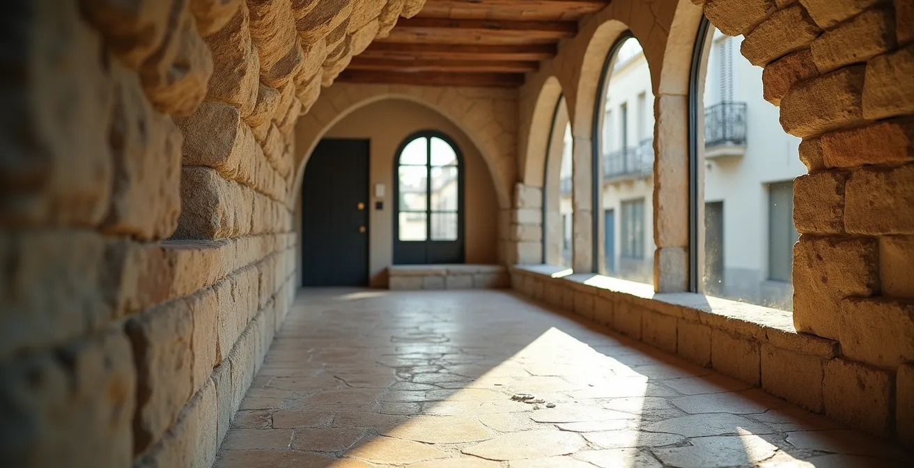 Espace souplex parisien avec voûtes en pierre et aménagement contemporain