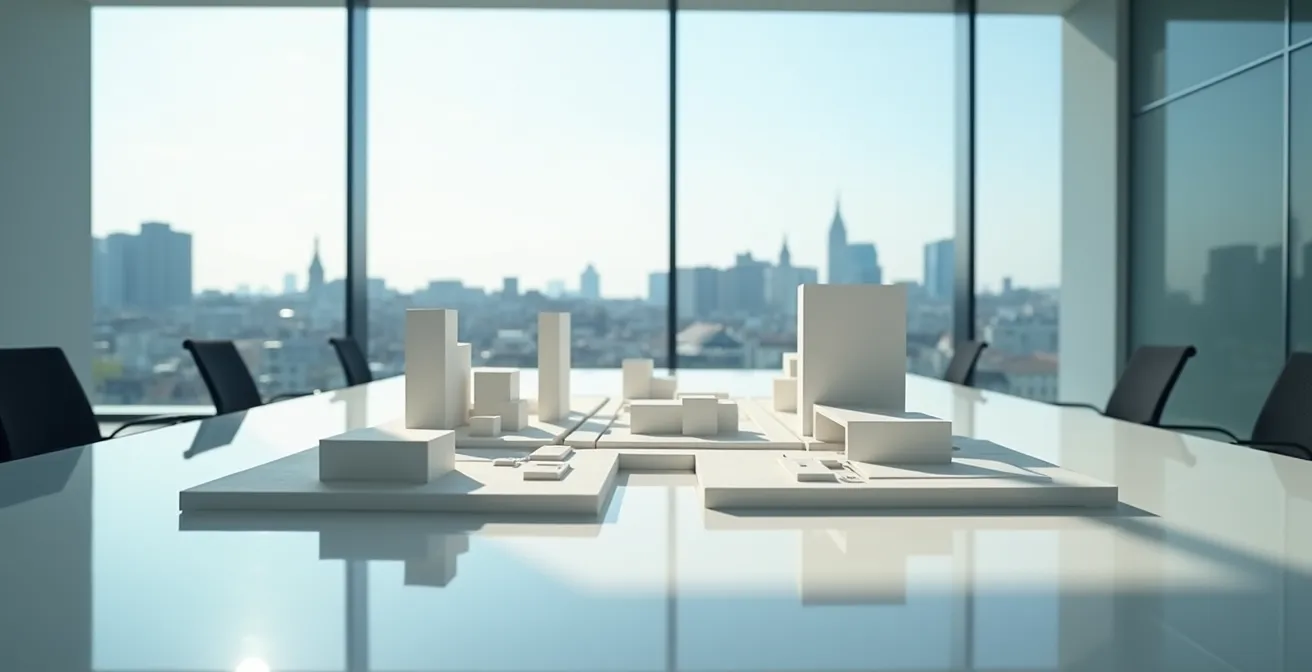 Schéma organisationnel abstrait de structures d'investissement immobilier avec immeubles parisiens en arrière-plan