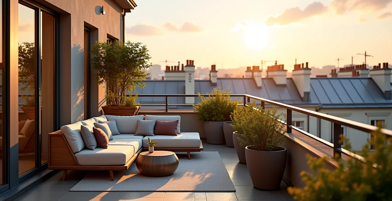 Terrasse aménagée au dernier étage d'un immeuble parisien avec vue sur les toits en zinc