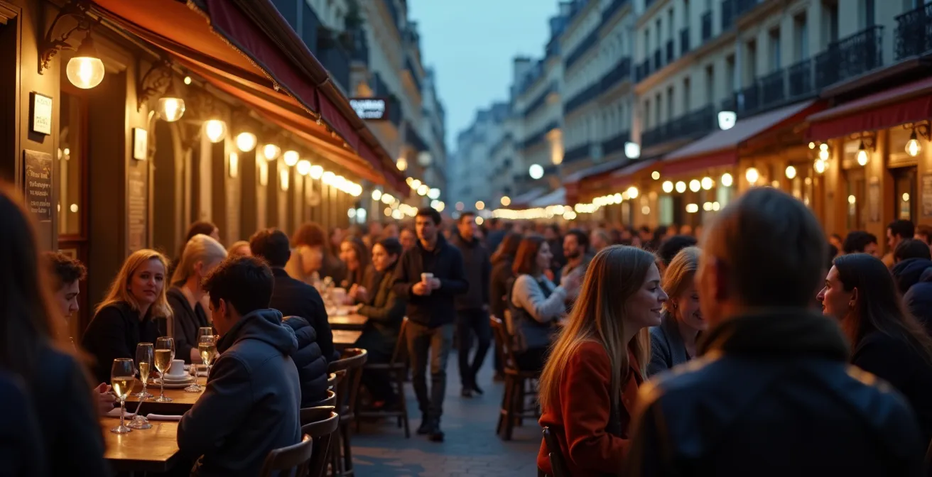 Terrasses animées et vie de quartier dans une rue du 11ème arrondissement de Paris en soirée
