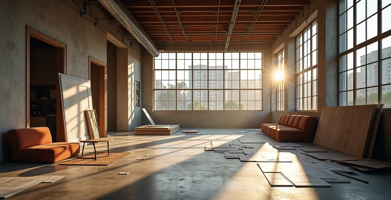 Vue intérieure d'un ancien commerce en cours de transformation en appartement