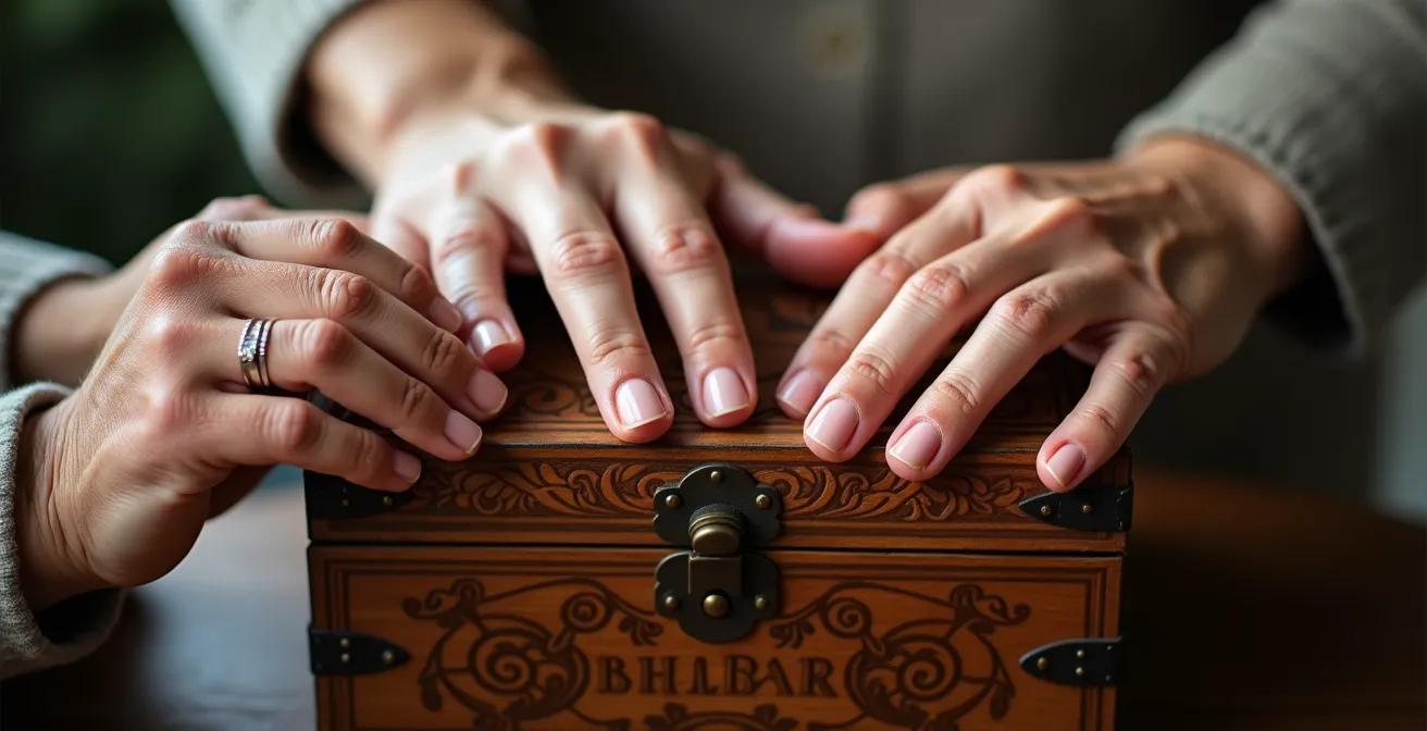 Mains de trois générations posées ensemble sur un coffret ancien symbolisant la transmission