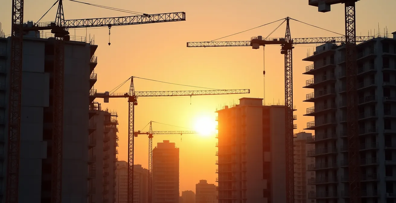 Vue architecturale du village olympique en construction avec grues et bâtiments en cours d'achèvement