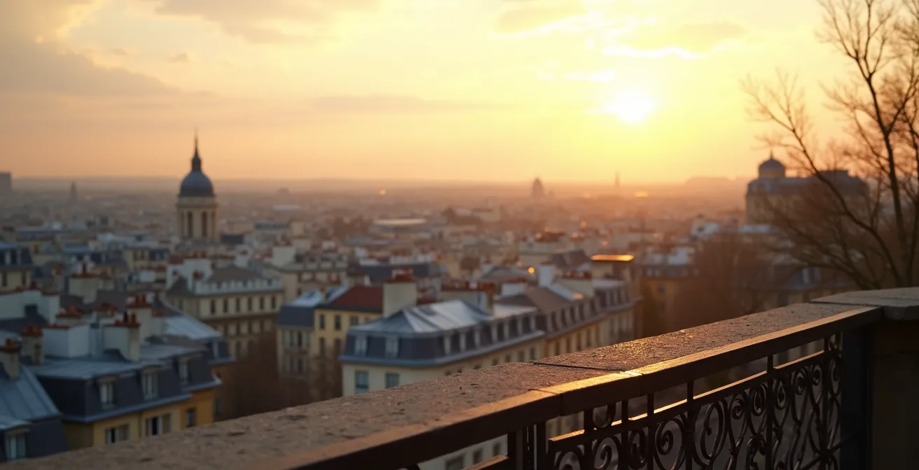 Vue panoramique depuis une terrasse parisienne sur un monument emblématique au coucher du soleil