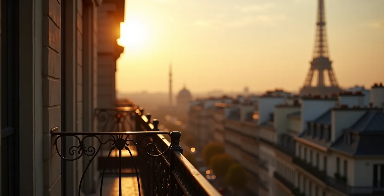 Vue de la Tour Eiffel depuis un balcon haussmannien au coucher du soleil