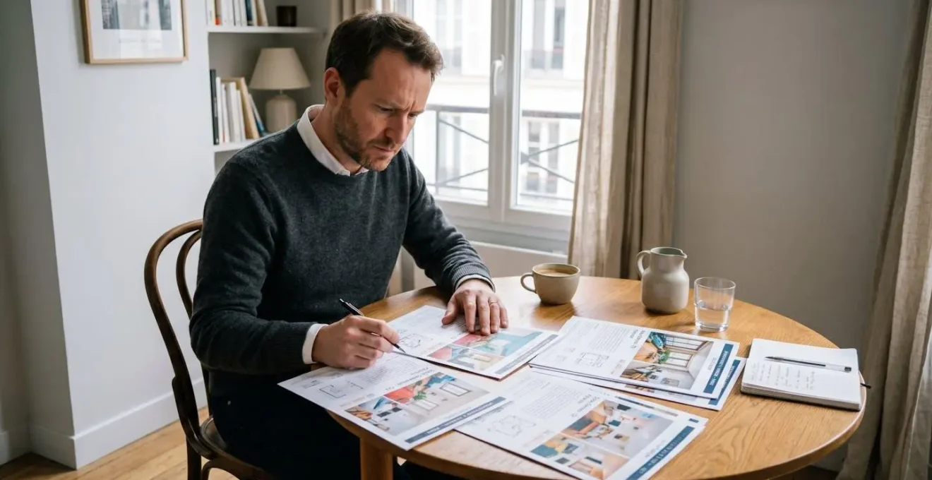 Une personne compare plusieurs annonces du même appartement parisien sur différentes feuilles imprimées posées sur une table